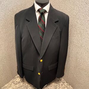 LL Bean Black Blazer Gold Buttons 46L Travel Sport Coat‎ Zip Pockets Pen Slot